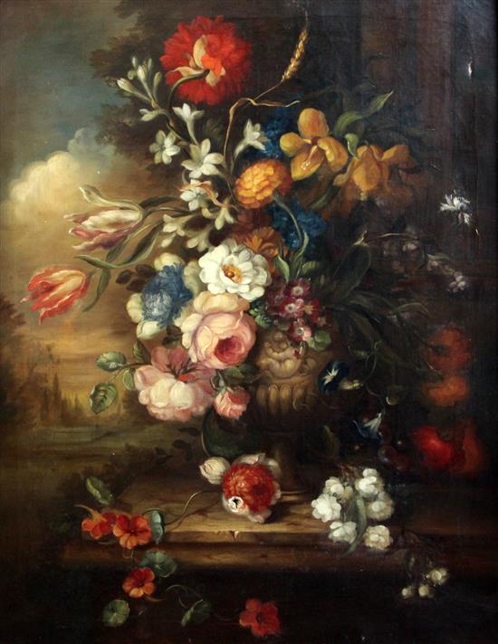 Continental School Still life of flowers in a vase upon a ledge, 30 x 24in.